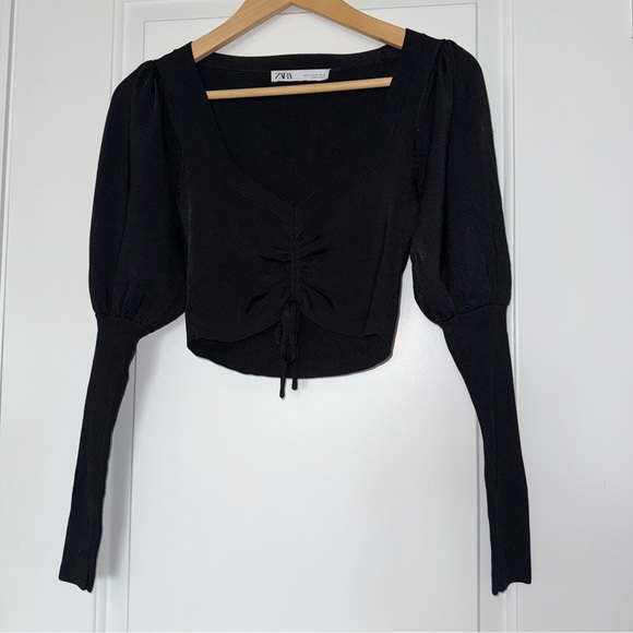 Zara Black Ruched Cinched Front Tie Black Top, cropped, size medium - Picture 2 of 10